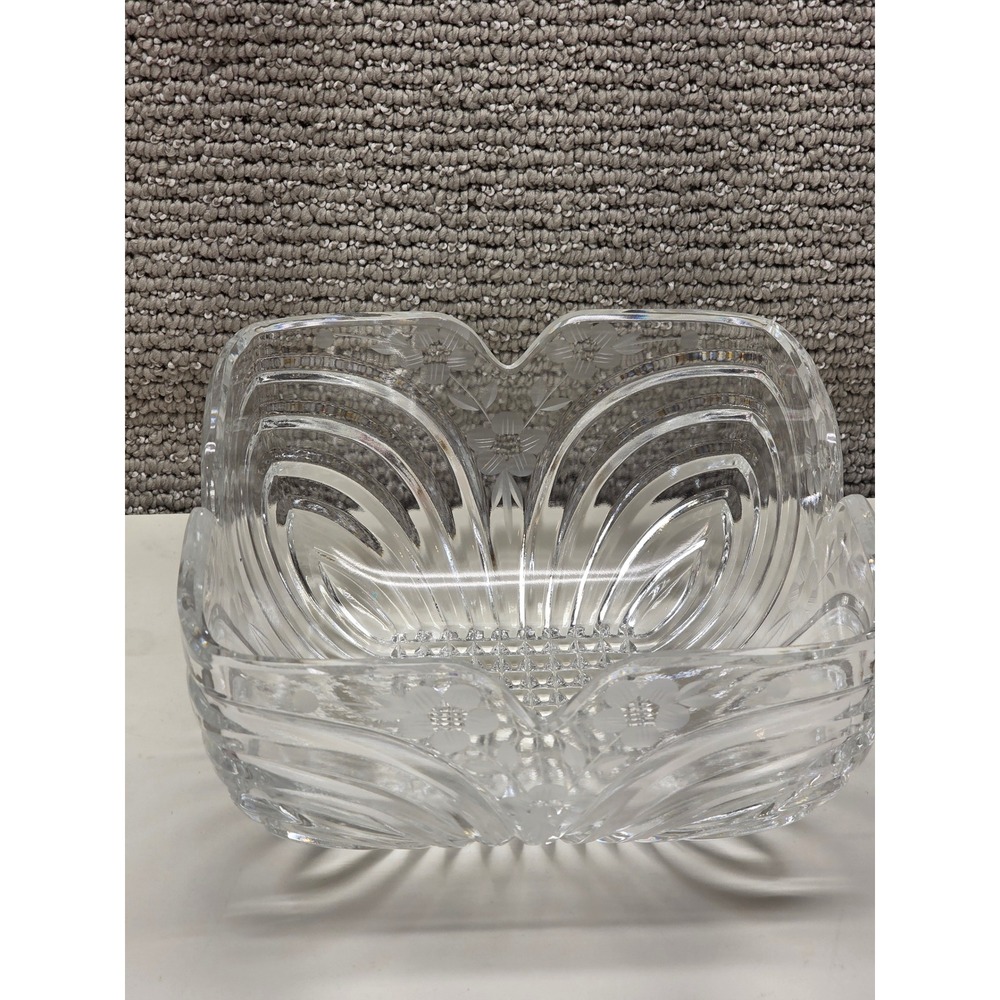Vintage Clear Etched Floral Scalloped Pressed Glass Square Centerpiece Bowl 8.5"